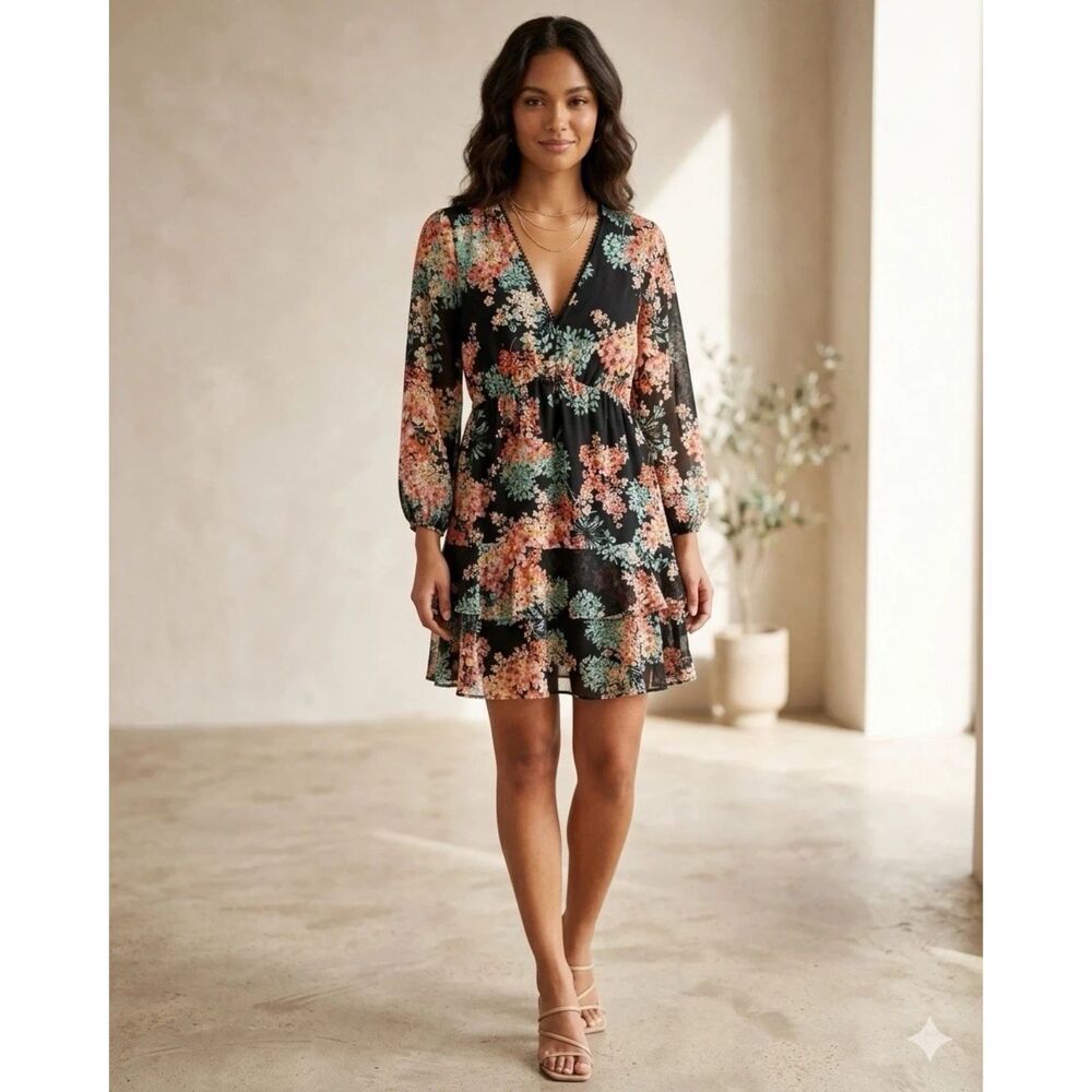 Just Taylor Dress Womens 10 Black Floral Sheer Keyhole blousy babydoll fairy New
